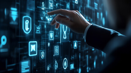 Fototapeta premium Legal Professional with Justice Icons. A suited legal professional touches virtual icons symbolizing law, justice, and legal services. business legislation, Notary public, legal advice online, Lawyer