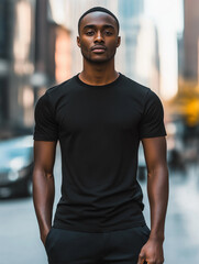 Young Model Shirt Mockup, Boy wearing black t-shirt on street in daylight, Shirt Mockup Template on hipster adult for design print, Male guy wearing casual t-shirt mockup placement