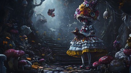 Girl In Flower Crown Walks Enchanted Forest Path