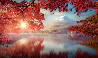 Colorful Autumn Season and Mountain Fuji with Asian woman wearing japanese traditional kimono at lake Kawaguchiko is one of the best places in Japan