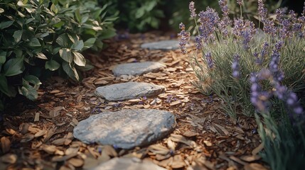 Obraz premium Stone pathway surrounded by lavender plants in a serene garden