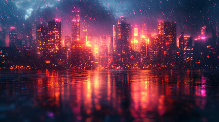 Obraz premium A dynamic digital cityscape teeming with vibrant lights, symbolizing progress, technology, and the future. A modern, abstract representation of innovation amidst a chaotic yet evolving urban environme