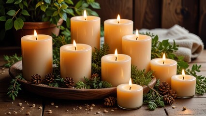 a group of lit candles of various sizes and textures, arranged on a wooden surface with scattered grains and sprigs of greenery around them, creating a warm and cozy atmosphere.
