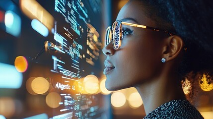 Businesswoman Analyzing Data with AI Assistant in Urban Setting