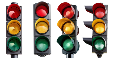 A collection of traffic lights displaying various signals for road safety.