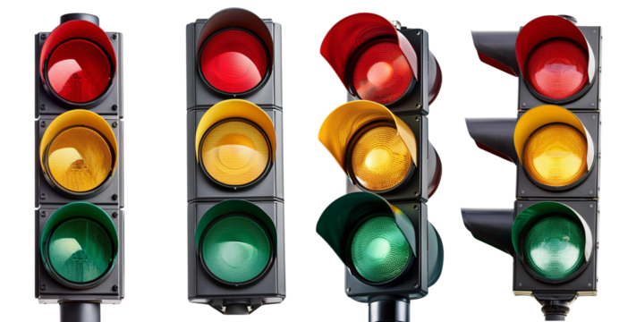 A collection of traffic lights displaying various signals for road safety.