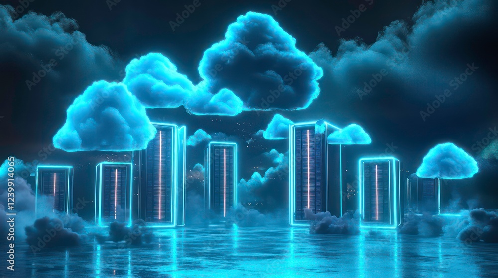 Poster glowing city skyline with neon cloud computing data servers.