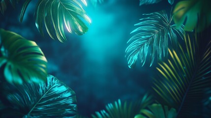 Green and Blue Neon circle glowing Light with Tropical Leaves