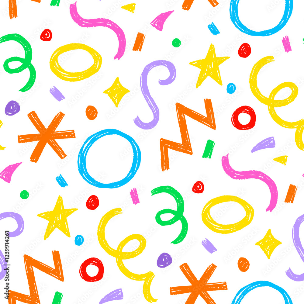Poster Kid seamless pattern child fun shape squiggle confetti background. Hand drawn color crayon background fun child squiggle shape. Crayon color confetti abstract seamless pattern vector illustration