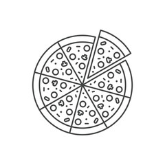 Pizza with one slice separated linear icon. Thin line illustration. Contour symbol. Vector isolated outline drawing. Editable stroke