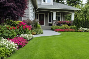 Obraz premium Charming Suburban House with Lush Green Lawn