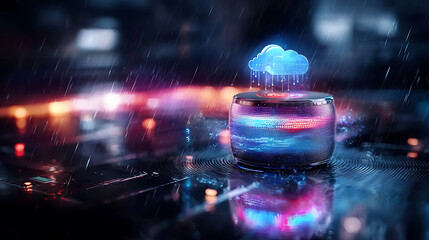 smart speaker emitting sound waves with cloud icon above, symbolizing connectivity and technology