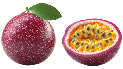 Ripe passion fruit with fresh green leaf isolated on white background. Suitable for marketing or business purposes. PNG file