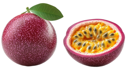 Ripe passion fruit with fresh green leaf isolated on white background. Suitable for marketing or business purposes. PNG file
