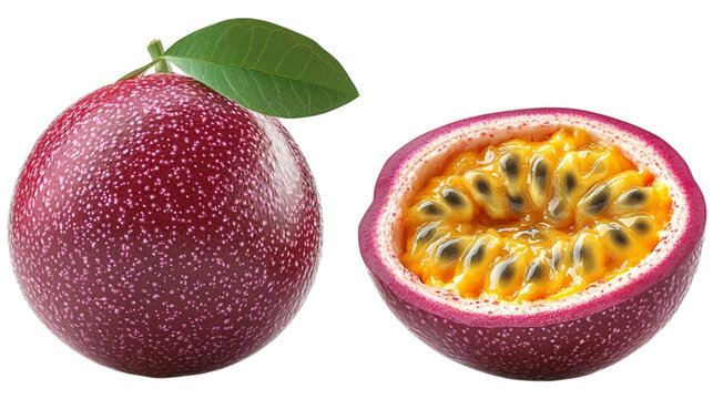 Ripe passion fruit with fresh green leaf isolated on white background. Suitable for marketing or business purposes. PNG file - Powered by Adobe