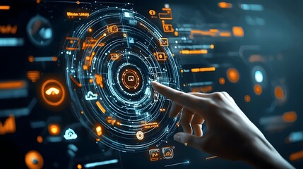 Futuristic fintech KYC onboarding interface featuring AI driven biometric identity authentication and data visualization