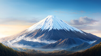 stunning snow capped mountain peak rises majestically against clear blue sky, surrounded by lush green valleys and soft clouds