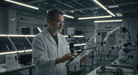 Modern Scientist in Laboratory: A focused middle-aged scientist in a lab coat, immersed in his work, manipulates a tablet, surrounded by advanced machinery, including robotic arms, and solar panels.