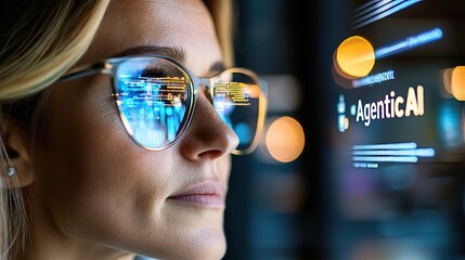 Businesswoman Analyzing Data with AI Assistant in Modern Setting