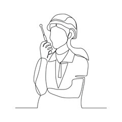 Continuous single line sketch drawing of architect engineer constructor building talking with walkie talkie radio control receiver. One line art of occupation professional work vector illustration