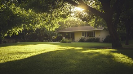 Naklejka premium Tranquil suburban home embraced by greenery, bathed in soft natural light, radiating warmth and harmony.