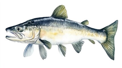 Fototapeta premium Detailed illustration of a fish, showcasing its scales, fins, and gills against a white background.