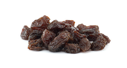 Handful of dark brown raisins, plump and juicy looking captured close-up shot against a white