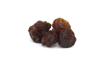 Several dark raisins on a pristine white background; ideal for recipes, baking, or healthy snacking.