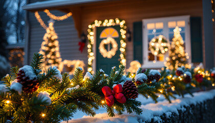 Fototapeta premium shining Christmas decorations outside the house. beautiful glowing Christmas composition of fir branches and cones outside. isolated with white shades