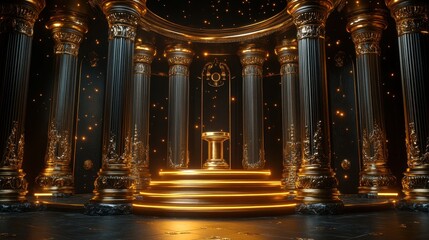 Opulent gold and black columns surround a glowing pedestal. Perfect for luxury, award, or fantasy themes.