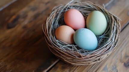 Pastel colored eggs in a bird's nest on a wooden table.