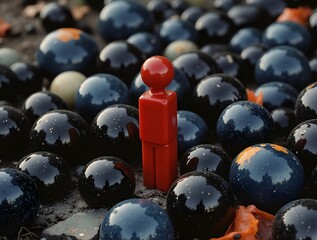 Naklejka premium A red figure among black spheres symbolizes identifying insider threats