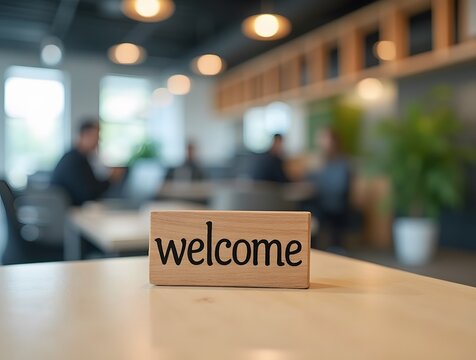 A 'welcome' sign on a desk symbolizes a friendly onboarding process in a modern office