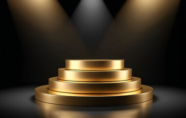 A high-quality 3D render of a sophisticated gold podium with a tiered design, set against a dramatic black background. The platform is reflective, mirroring the soft golden lighting. 