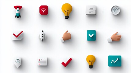 Flat-lay image of diverse business success icons against a white background, showcasing growth, innovation, and planning, ideal for presentations and marketing materials
