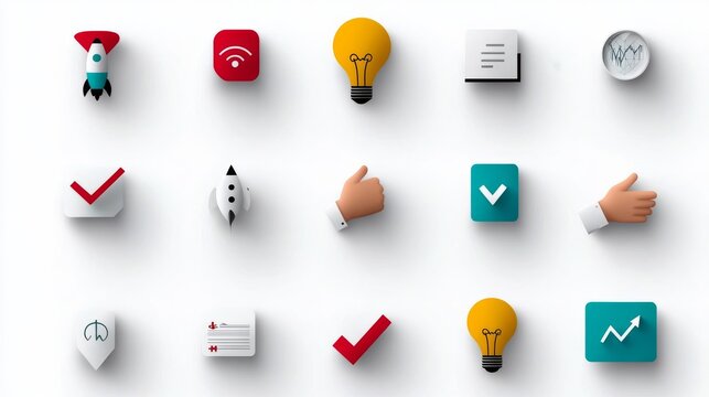 Flat-lay image of diverse business success icons against a white background, showcasing growth, innovation, and planning, ideal for presentations and marketing materials