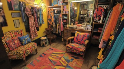 Fototapeta premium Bohemian Chic Boutique Interior: Vibrant Clothing and Textiles