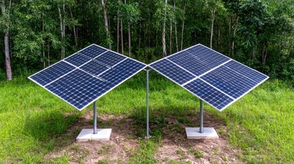 Solar panels in forest, sustainable energy