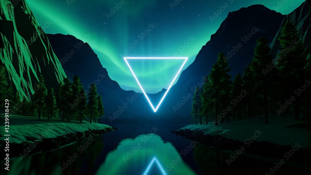 Aufkleber 3d render, abstract neon background with triangular geometric frame and extraterrestrial landscape u