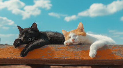 A black and white cat nap peacefully on a wooden bench under a bright sky, enjoying the warmth of the sun.