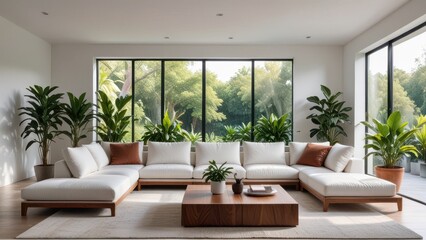 a modern, minimalist living room with a large L-shaped white sofa, brown cushions, a low wooden coffee table, and large potted plants