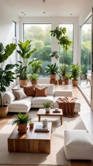 Fototapeta premium a modern, minimalist living room with a large L-shaped white sofa, brown cushions, a low wooden coffee table, and large potted plants.