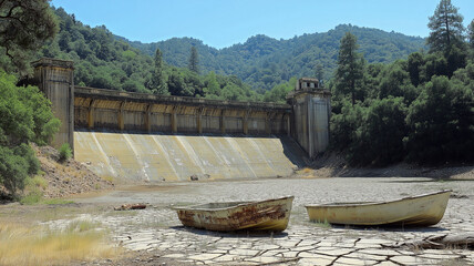 A depleted reservoir with cracked ground and abandoned boats highlights the devastating effects of drought and water scarcity.