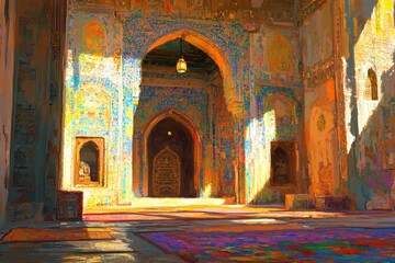 Prayer Scene in a Beautifully Decorated Mosque