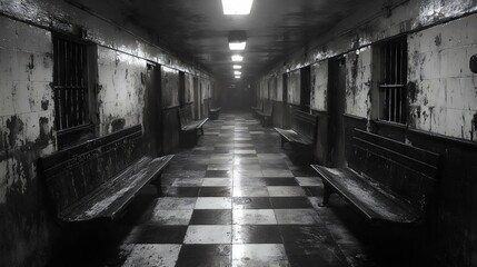 A dark hallway with a few benches and a few windows