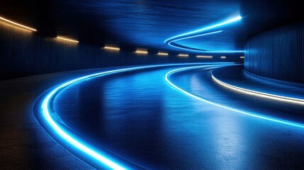 Blue Neon Tunnel, Curved Road, Night, Futuristic, Abstract, Background, Design