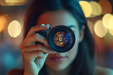 close up of a man holding a camera
