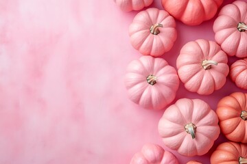 there are many small pink pumpkins on a pink surface