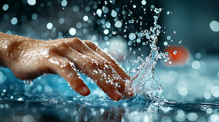 Fototapeta premium close up of hand splashing water, creating dynamic droplets and ripples. vibrant blue background enhances lively atmosphere