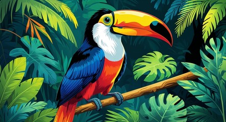Portrait colorful toucan on tropical rainforest background illustration